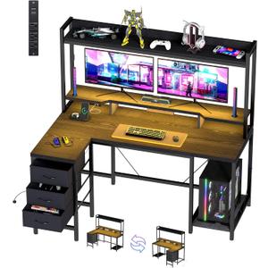54" Computer Desk with Shelves and Drawers, Gaming Desks with Hutch | 3 Fabric Drawers, PC shelf, Small Study Desk with LED Lights and Power Outlets, Reversible Design, Black