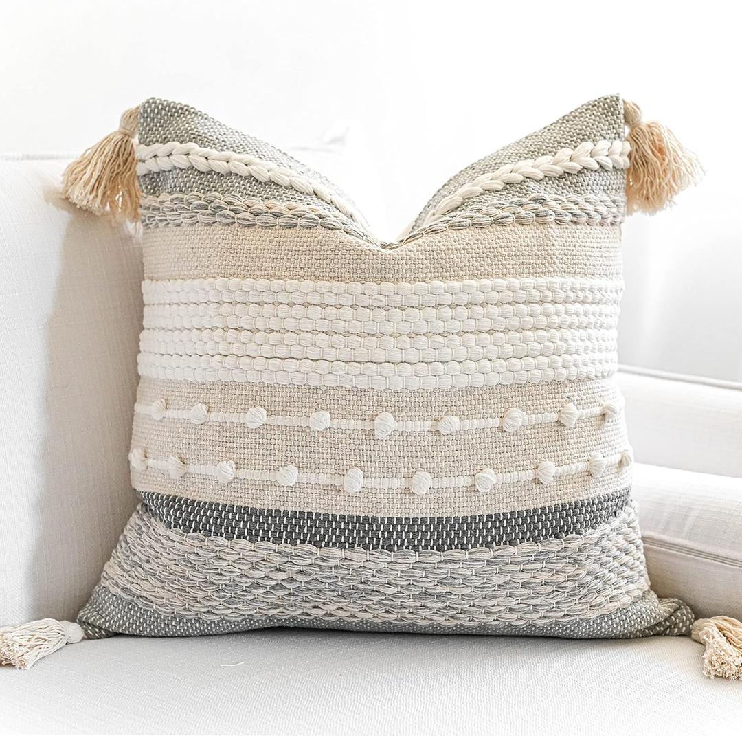 Gray Boho Throw Pillow Cover 20x20 Grey Decorative Accent Pillow for Couch Square Woven Textured Pillowcase Modern Farmhouse Pillow for Bed Bohemian Pillow Cover (Pack of 1) (20" x 20" (Pack of 1))