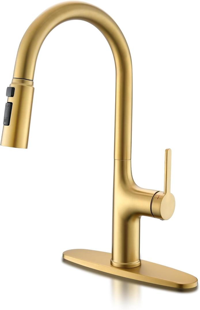 Gold Kitchen Faucets, Brushed Gold Kitchen Faucet with Pull Down Sprayer, Modern High Arc Brass Kitchen Sink Faucet, Stainless Steel Farmhouse Faucet for Kitchen Sink, Bar, RV,1 or 3 Hole