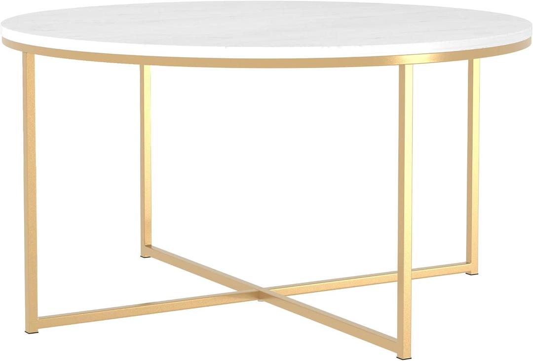 Walker Edison Modern Glam Round Accent Faux White Marble Coffee Table with Gold X-Base, 35.5 Inch, 36 Inch