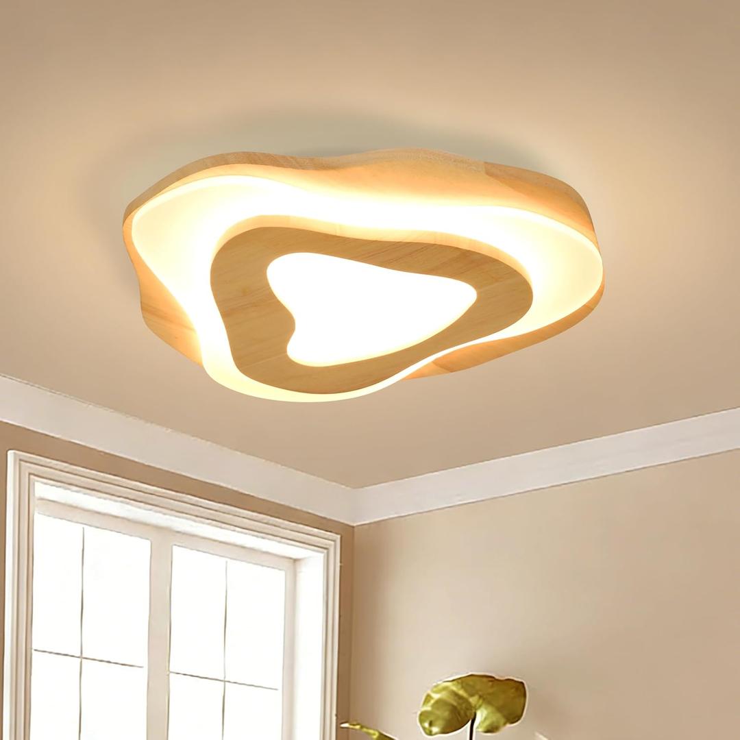 Littleglovo 15.7" Modern Flush Mount LED Chandelier for Dining Room, Natural Wood Petal Energy Chandeliers Ceiling Light for Entryway Bedroom Foyer Kitchen Living Room Bathroom