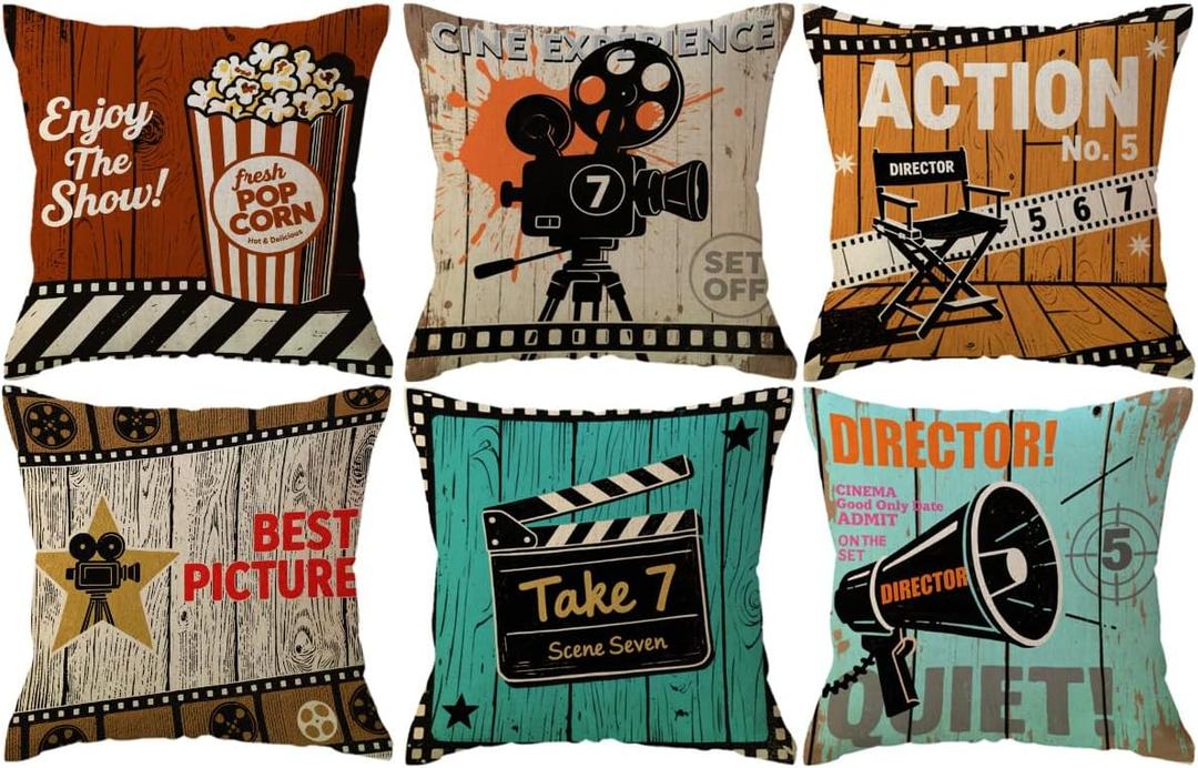 Movie Theater Throw Pillow Covers Vintage Cinema Poster Design With Popcorn,Filmstrip,Clapboard Pattern Cushion Cover Old Fashion Icons Home Decorative Pillowcases 18 X 18 Inch,Set of 6