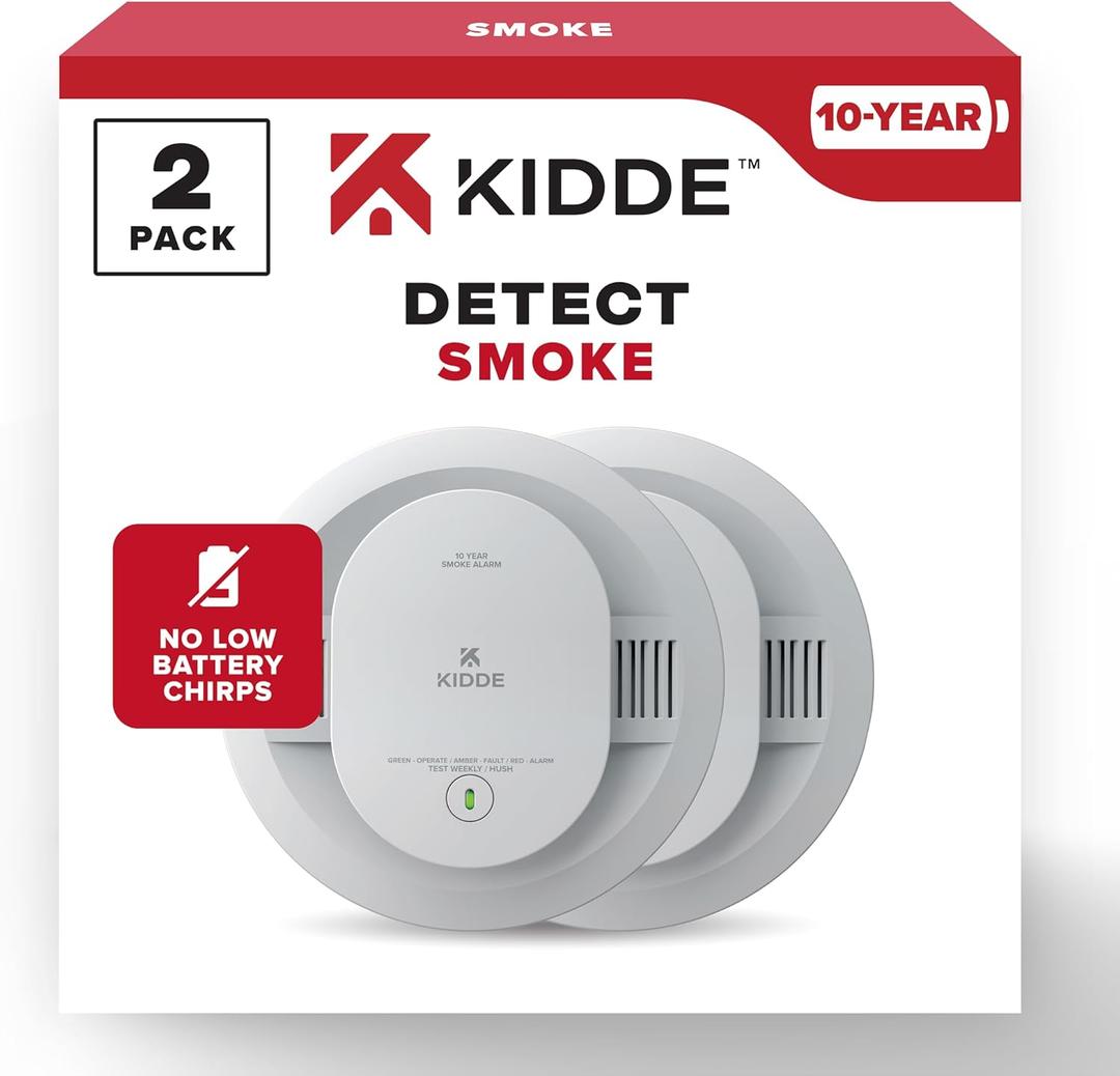 Kidde Smoke Detector, 10-Year Battery Powered, LED Warning Light Indicators, 2 Pack