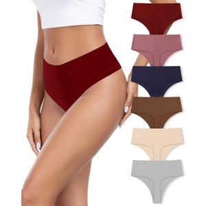 Cotton Thongs for Women High Waisted Seamless No Show Thong Stretchy Comfort Panties S-XL (Medium, 6 Color Packs)