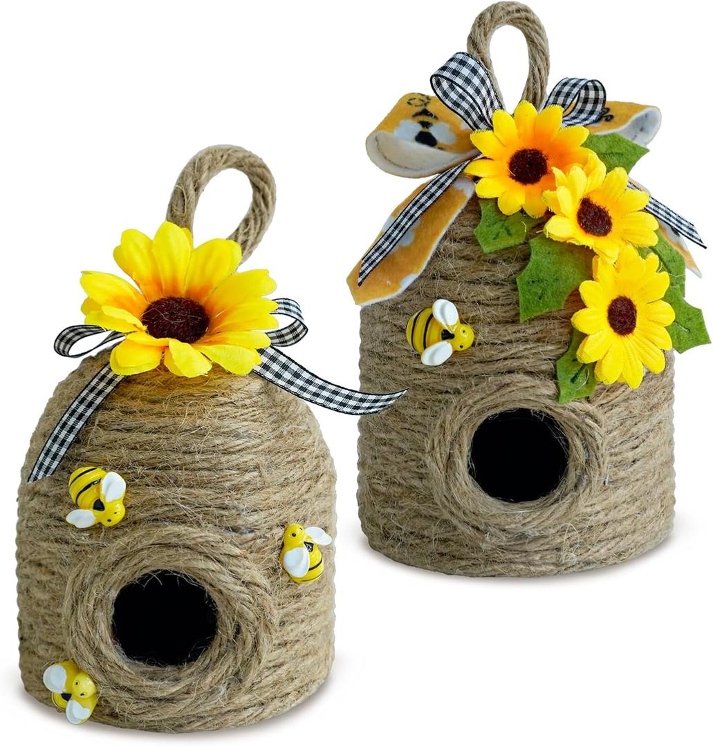 Bigger Bee Hive Decor,2 Pack Bumble Bee Rustic Decor,Natural Bee House, Bumble Bee Theme Party Decor Spring Summer Rustic Farmhouse Kitchecn Table Decor, Honeybee Tiered Tray Decor