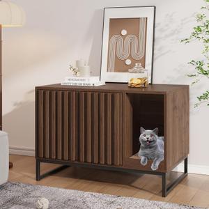 Halitaa Cat Litter Box Enclosure, Modern Hidden Litter Box Furniture with Scratch Pad, Indoor Cat Washroom House End Table, Entryway Bench for Livingroom (Walnut) (Brown)