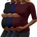 Riyiper 3 Pack Women's Maternity Cotton T Shirt Ribbed Half Sleeve Tunic Round Neck Side Ruched Tops Casual Pregnancy Clothes (S)