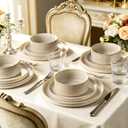 Stoneware Dinnerware Sets, Plates and Bowls Sets for 4, 12-Piece Ribbed Dishes Chip & Scratch Resistant, Microwave and Dishwasher Safe Tableware, Beige