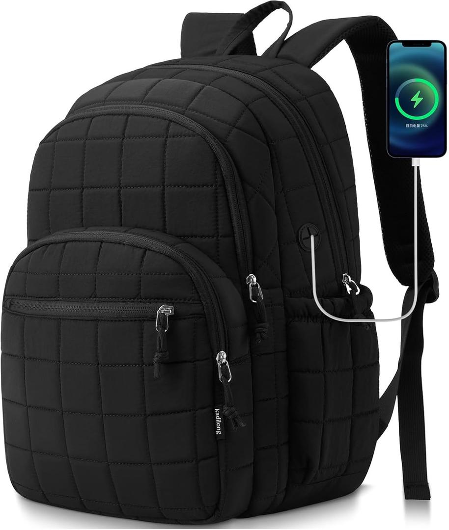 kadilong Laptop Backpack for Women College Travel,Quilted Daypack Bookbag for School Teen Girls Mochilas Mujer,Black (15,6 inch)