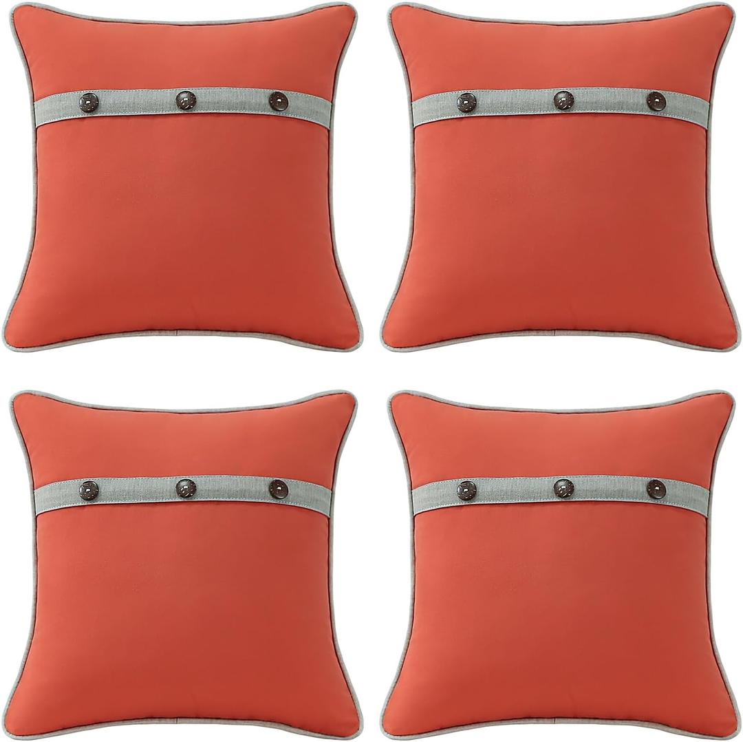 Outdoor Sunbrella Decorative Pillows with Triple Coconut Buttons Pack of 4, 18" x 18" Outdoor Pillow Set for Couch Bed Throw Patio Sofa, Canvas Melon/Cast Ash