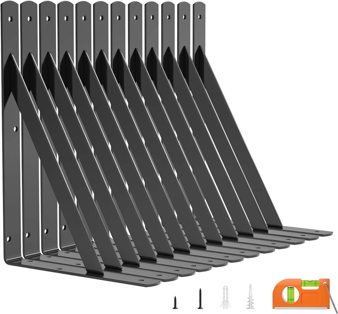 LuckIn 12 Inch Heavy Duty Shelf Bracket, Wall Shelf Brackets, 90 Degree Bracket, 250 LBS Max Load, Mounting Hardware Include, Black, 12-Pack