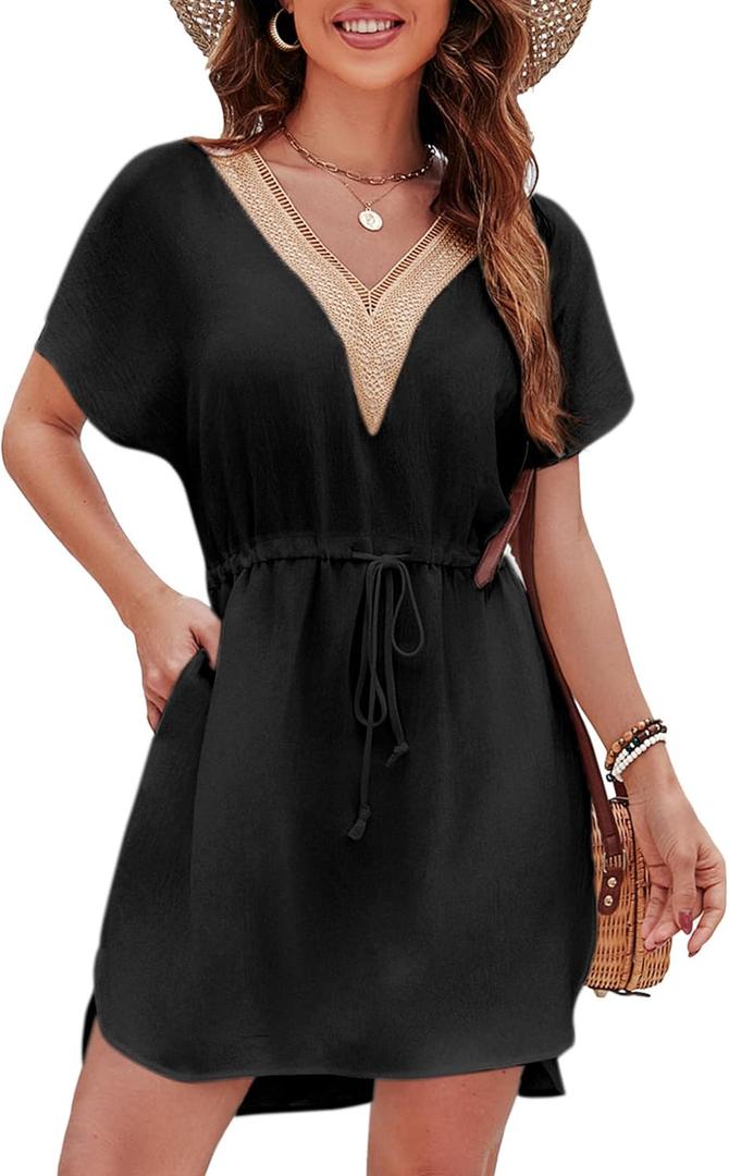 Fayenne Womens Swimsuit Coverups Lace V Neck Sexy Bathing Suit Cover Ups Dress with Pockets Short Sleeve Swimwear Cover Up (Medium, Black)