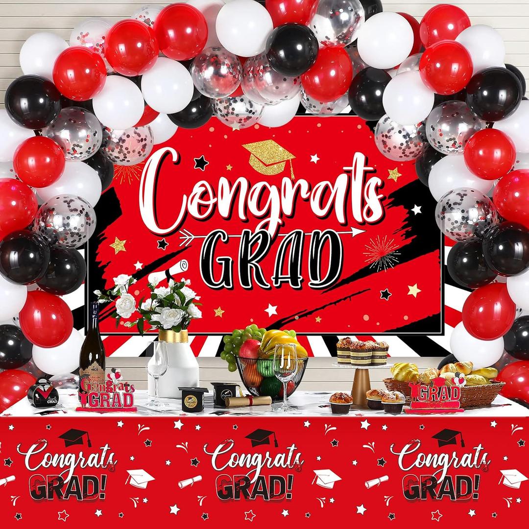 Breling 53 Pcs Graduation Decorations 2026 Congrats Grad Backdrop Banner Tablecloth Congrats Latex Balloons for University High School Graduation Party Supplies(Red and Black)