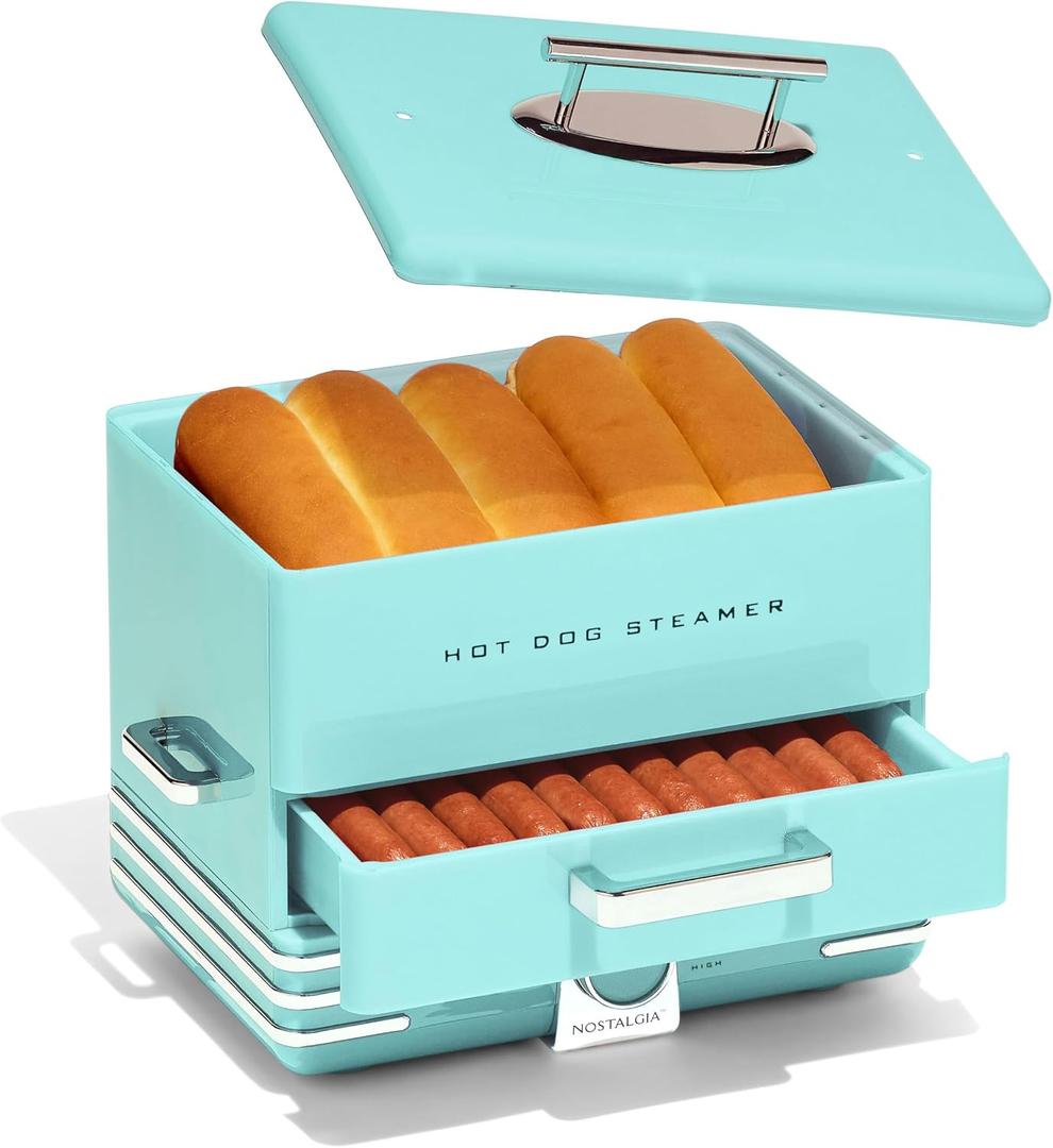 Nostalgia Extra Large Diner-Style Steamer, 20 Hot Dogs and 6 Bun Capacity, Perfect for Breakfast Sausages, Brats, Vegetables, Fish, Aqua