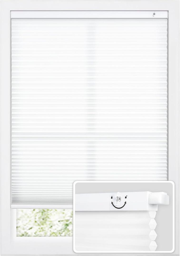 DEZ FURNISHINGS EZ Fit No Tools No Drill Cordless 1.5" Light Filtering Cellular Shade, 36" W x 64" H, White