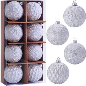 3.15" Vintage Christmas Ball Ornaments, Rustic Silver & White Distressed Christmas Ornaments Set, Shatterproof Farmhouse-Style Tree Decorations for Xmas Home Holiday Dcor(Pack of 8)