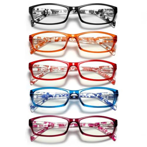 kunchu Reading Glasses for Women Men - 5 Pack Blue Light Blocking Spring Hinge Computer Readers Anti Glare UV Eyeglasses (Clear Floral, 3.00, x)