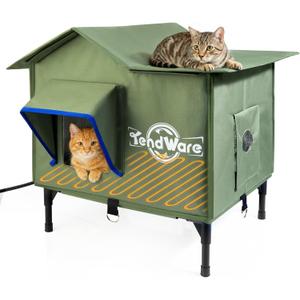 Heated Cat House for Outside Outdoor Cat House with Elevated Base Cat-Attracting Eave Design Feral Stray Shelter Weatherproof in Winter Garage Yard Porch, Size M