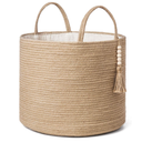Mkono Woven Storage Basket Decorative Natural Rope Basket Wooden Bead Decoration for Blankets,Toys,Clothes,Shoes,Plant Organizer Bin with Handles Living Room Home Decor, Jute, 16" W × 13.8"L