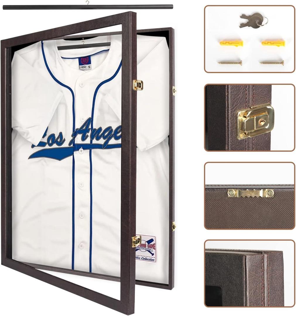 Jersey Display Frame Case Lockable, Large Sport Jersey Shadow Box with PU Covered Frame Acrylic and Hanger for Baseball Basketball Football Soccer Hockey Shirt and Uniform(Brown)  MK358B