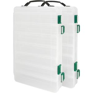 Double-Sided Fishing Lure Hook Tackle Box Visible Hard Plastic Clear Fishing Lure Bait Squid Jig Minnows Hooks Accessory Storage Case Container (Clear-14 Slots 2Pcs)