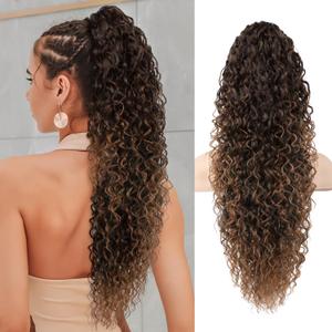 LONAI Ponytail Extension,26 Inch Curly Claw Clip Ponytail Hair Extension,100 Pure Protein Silk Claw Clip in Pony Tail Hair Natural Soft Hairpiece for Women(Dark Almond Brown with Copper)