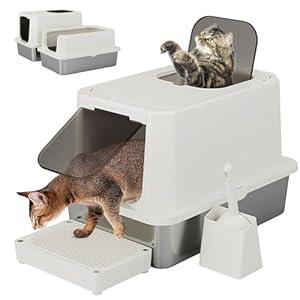 RIZZARI Stainless Steel Cat Litter Box, Leak Proof Litter Box with High Edges, Large Odorless Litter Pan with for Small to Large Cats (Beige)