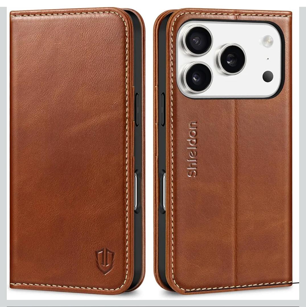 SHIELDON Genuine Leather Wallet Case for iPhone 17 Pro 6.3" 2025 | Flip Cover | Magnetic Closure | RFID Blocking Credit Card Holder | Kickstand | Shockproof Phone Cover | Retro Brown