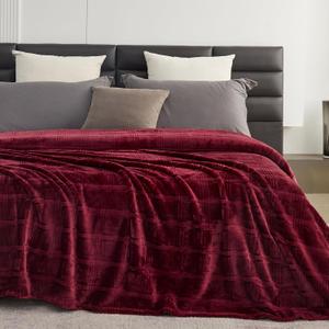 Super Soft Flannel Queen Blanket 90x90 Inches, Premium Checkered Jacquaed Silky Fleece Lightweight Bed Blanket All Season Use, Burgundy Strip, 90"x90"