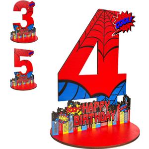 Spider 4th Birthday Number Sign Centerpiece, Spider Theme 4th Number Stand Sign, Wooden Table Decoration Photo Props for Spider 4th Birthday Decorations