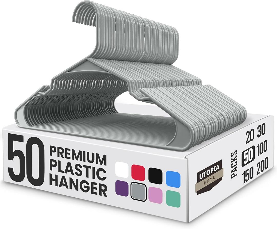 Utopia Home Plastic Hangers 50 Pack - Perfect Space Saving Clothes Hanger - Durable and Strong - Perfect Closet Organizers with Shoulder Grooves (Grey) (Gray)
