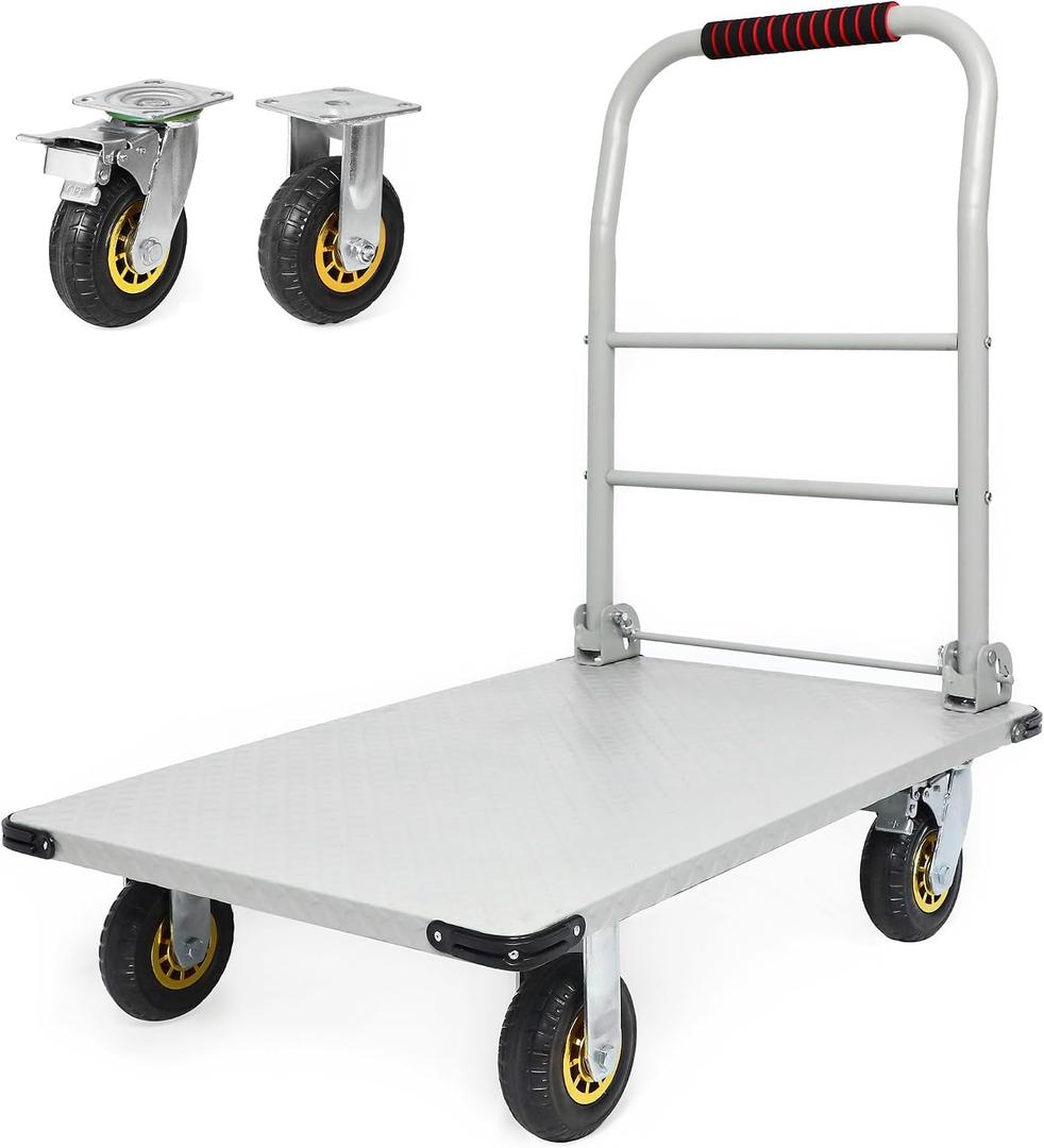 2000 LBS Heavy Duty Platform Truck, Foldable Push Cart Dolly with 360° Swivel Wheels & Brakes, Reinforced Steel Flatbed Cart, Folding Hand Truck for Warehouse, Moving, Industrial (36" x 24")