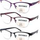3 Pack Bifocal Reading Glasses for Women Men Bi-Focal Readers Metal Half Frame Spring Hinge Dual Focal Eyewear (Multicolor, +1.25) (Black & Purple & Burgundy)