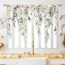Eucalyptus Botanical Leaves Pink Rose Floral Kitchen Window Curtains Over Sink Farmhouse Flower Leaf Small Window Treatment Cafe Short Curtains for Bathroom Treatment Tier Drapes 26x24 inch (04 Green Pink)