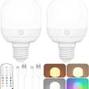Yochoice 2-Pack Rechargeable Battery Operated Light Bulb with Remote Control, E26 Battery Powered Dimmable Light Bulb with 3 Color Temperatures + 12 RGB Colors, Detachable LED Bulb for Wall Sconce