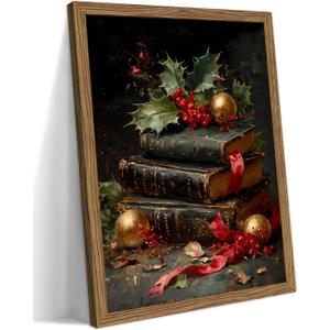 Framed Christmas Wall Art, Vintage Christmas Book Paintings, Retro Canvas Prints Decor, Rustic Winter Holiday Pictures Wall Decor for Bedroom Christmas Decoration Gifts  12x16in