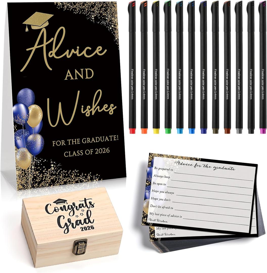 114 Pcs Graduation Party Favors 101 Advice Cards for The Graduate Advice Wishes with Wood Box and 12 Colors Pens Graduation Games Decoration for High School College Celebration Gift(Blue)
