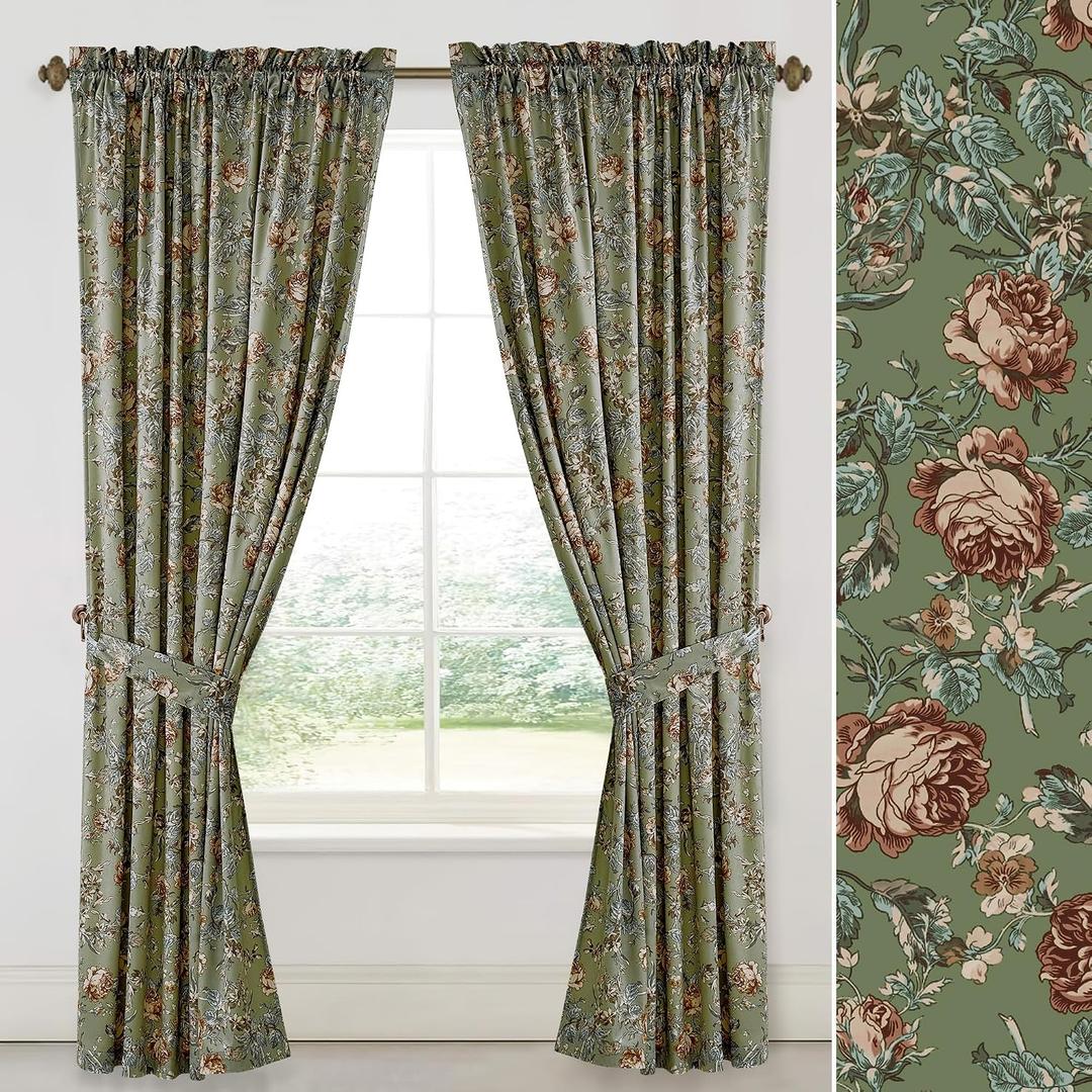 StangH Sage Green Velvet Curtains 84 inches Long, Floral Patterned Vintage Home Decor Thermal Insulated Privacy Window Treatments for Living Dining Room, W52 x L84, 2 Panels