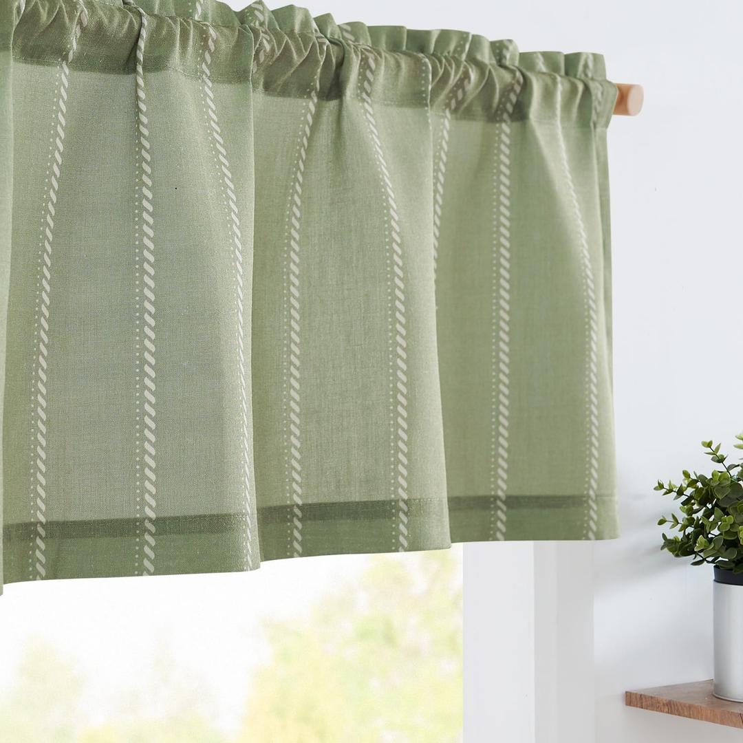 jinchan Nautical Striped Valance Farmhouse Window Treatment Linen Textured Drapes for Small Windows Kitchen Living Room RV Vintage Light Filtering Valance 16 Inch Rod Pocket 1 Panel Green