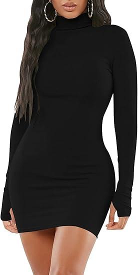 Women's Sexy Bodycon Mini Club Dresses Basic Long Sleeve Turtleneck Dress, Size S