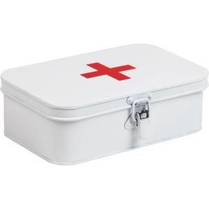 Mind Reader First Aid Box, Emergency Kit, Medical Supply Organizer, Vintage, Buckle Lock, Metal, 9.25"L x 6"W x 3"H, White