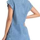 Womens Denim Romper 2025 Jean Dress V Neck Shorts Sleeves Tie Front Ruffle Overall Dress with Pockets (Blue, S)