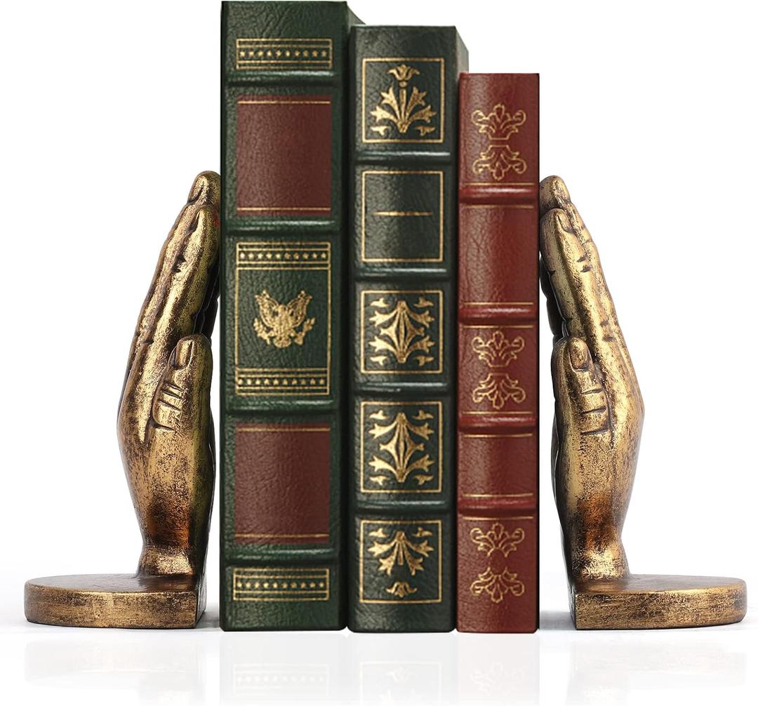 Book Ends to Hold Books Heavy Duty - Book Ends for Shelves, MXARLTR Decorative Bookends for Heavy Books with Anti-Slip Base Book Stopper for Home Office Meditation Yoga Room Decor (Antique Brass)
