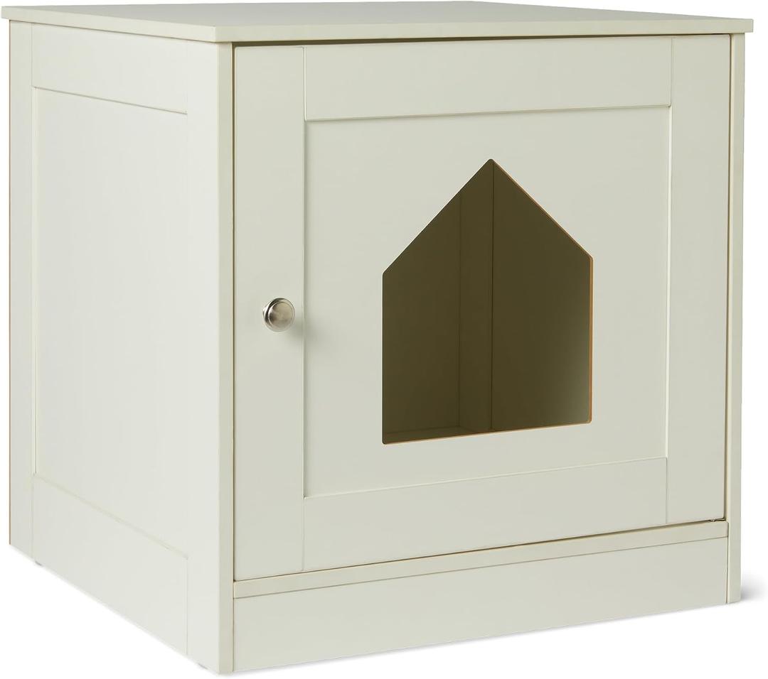 Amazon Basics Cat Litter Box Enclosure, Furniture-Style Cabinet with Drawer and Shelves, Hidden Cat Litter Box, White