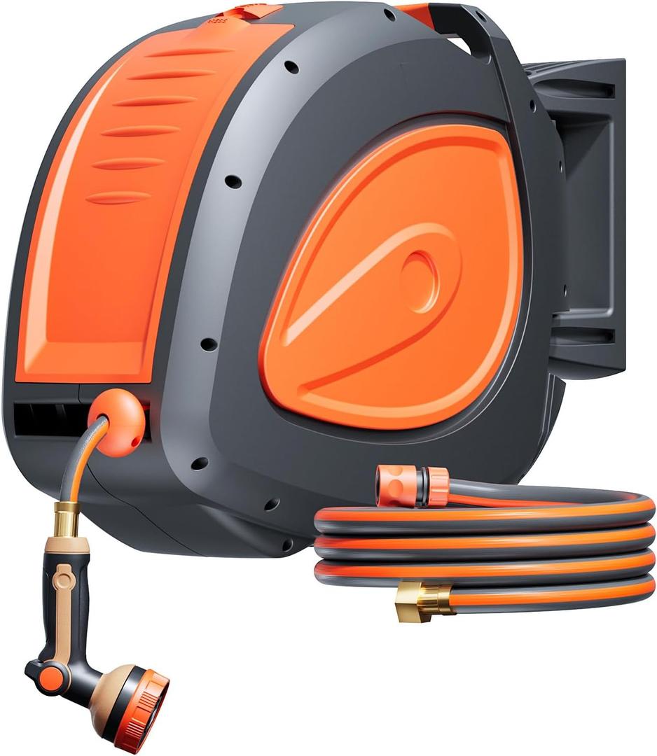 Automatic Retractable Garden Hose Reel 1/2 inch x 100ft, Wall Mounted 180 Swivel with Easy-Clean Chamber, Slow Return System, Any-Length Lock & 8-Pattern Heavy Duty Nozzle for Watering, Cleaning