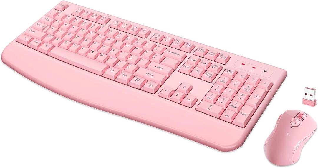 Wireless Keyboard and Mouse Combo, Full-Sized 2.4GHz Wireless Keyboard with Comfortable Palm Rest and Optical Mouse for Windows, Mac OS PC/Desktops/Computer/Laptops (Full Pink)