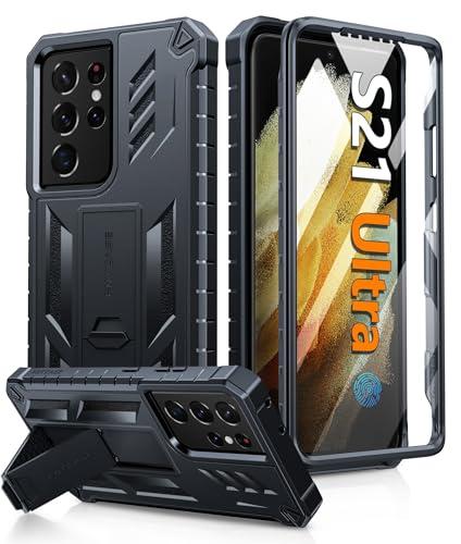 FNTCASE for Samsung Galaxy S21-Ultra Case: Military Grade Rugged Cell Phone Cover with Kickstand | Shockproof TPU Protection Bumper Matte Textured Design for Samsung S21 Ultra Cases 6.8 inches (Black)