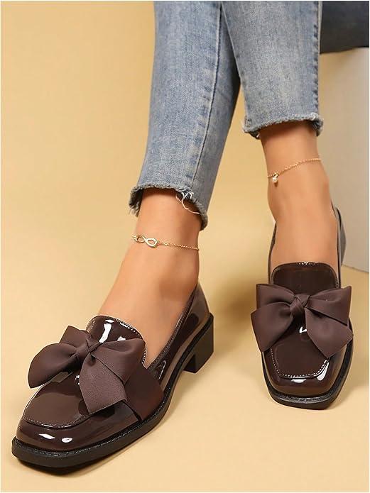MakeMeChic Women's Bow Loafer Shoes Leather Square Toe Slip on Pump Dressy Shoes, Size: 6