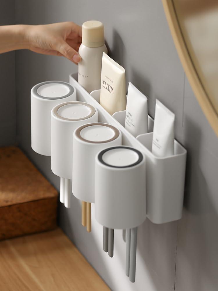 Wall-Mounted Toothbrush and Toothpaste Holder - Self-Draining Design, Easy Installation, Space-Saving, White (Quadruple - Four Normal Cups)