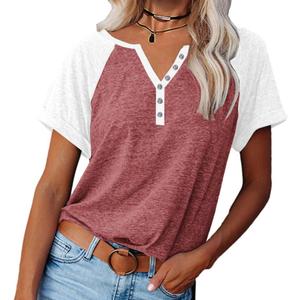 Womens Shirts Summer Henley V Neck Color Block Tshirts Raglan Short Sleeve Casaul Trendy Tops (Red)